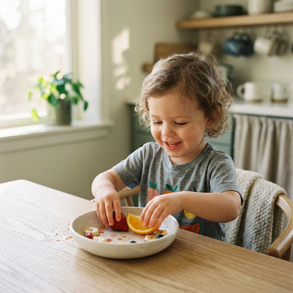 Criança feliz explorando frutas em uma refeição divertida